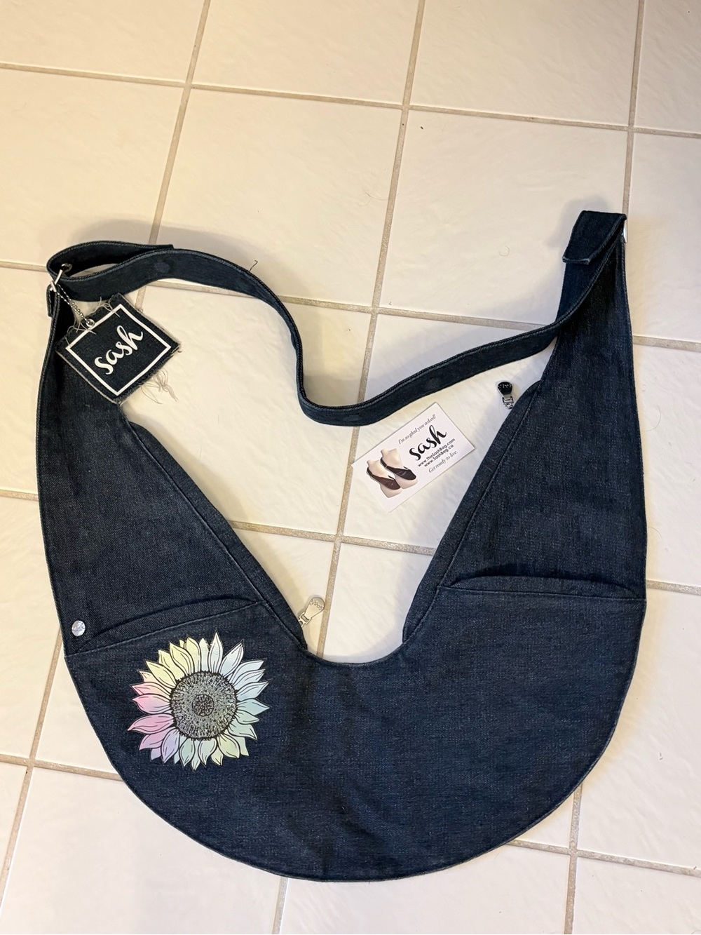 Sash Bag Denim Crescent Crossbody Bag with Sunflower